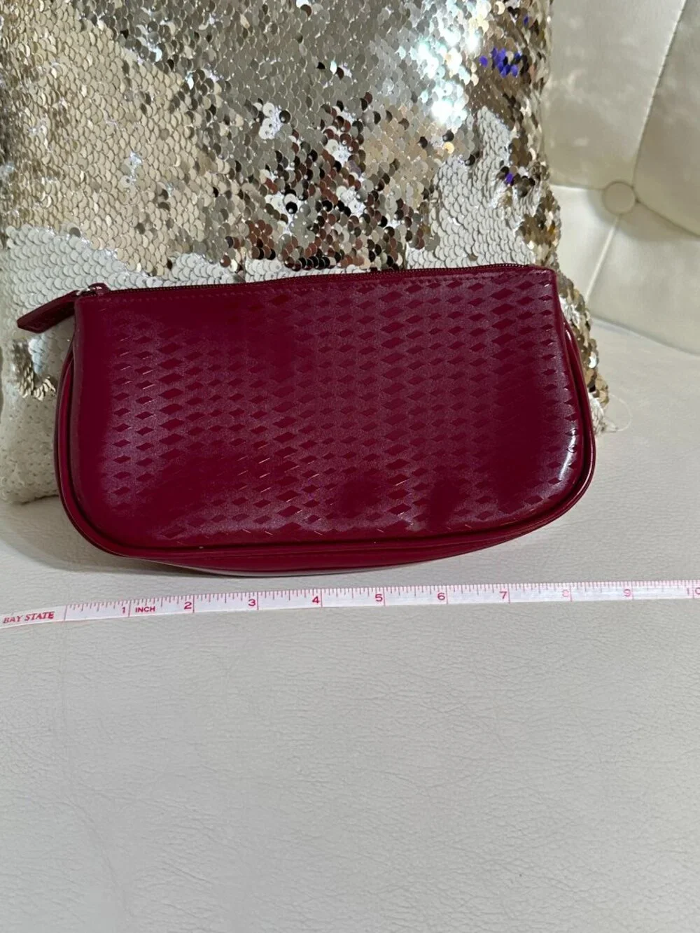 Vintage Clinique Cranberry Burgundy Embossed Patent Makeup Cosmetic Bag Pouch Y2